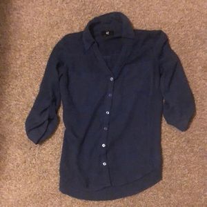 IZ Byer Navy Blue button-up shirt with 3/4 sleeves, Size Small (Juniors)